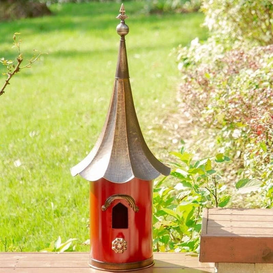 Outdoor Red Metal Bird House with Vintage Bronze Phonograph Style Roof-0