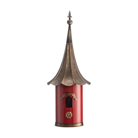 Outdoor Red Metal Bird House with Vintage Bronze Phonograph Style Roof-1