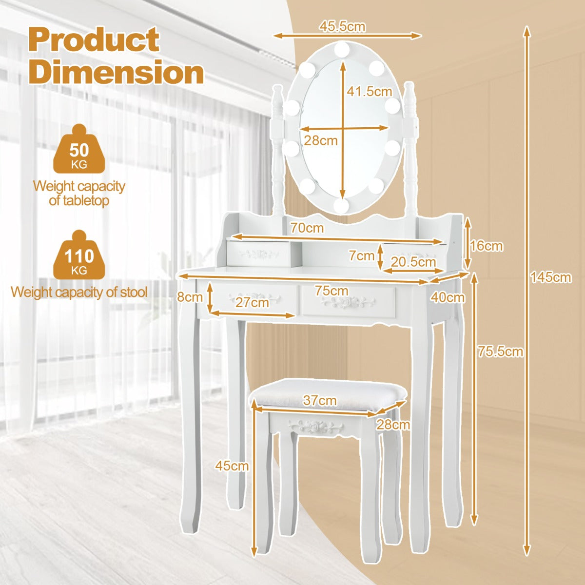 NNECW Makeup Dressing Table with Lighted Mirror for Women - My store